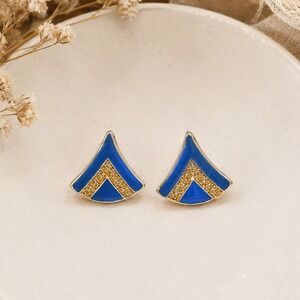 Vintage Blue Enamel Gold Glitter Geometric Chevron Statement Stud Earrings